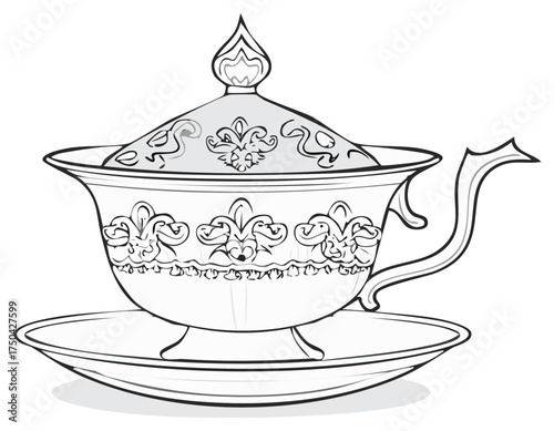 Ornate traditional lidded cup and saucer illustration with elegant decorative pattern vintage style drawing