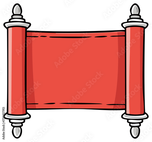 Cartoon red scroll banner with roll ends for text with decorative toppers graphic illustration