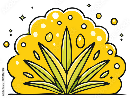 Bright yellow fluffy cloud shape with green pointy leaves and small shiny sparkles