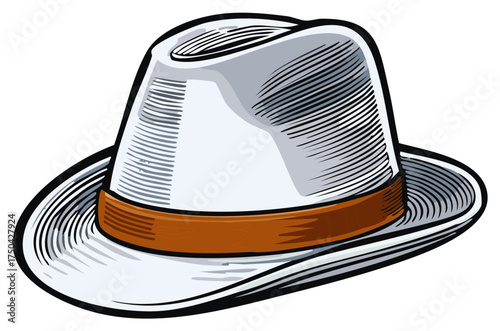 Illustration of a white fedora hat with a brown band in a vintage engraving style.
