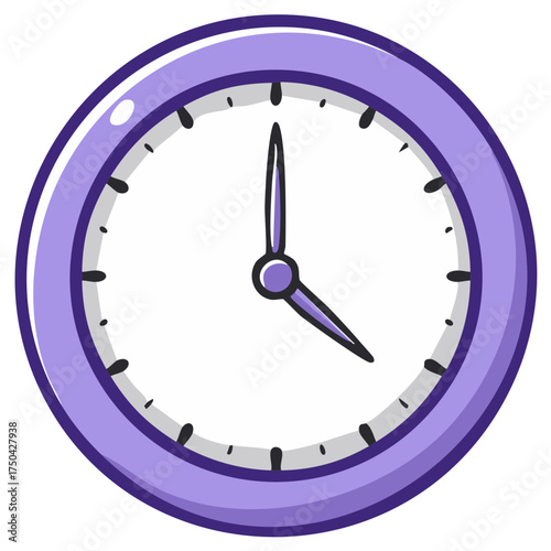 Simple cartoon purple clock face with black hands indicating near 4 o'clock, clear and clean design