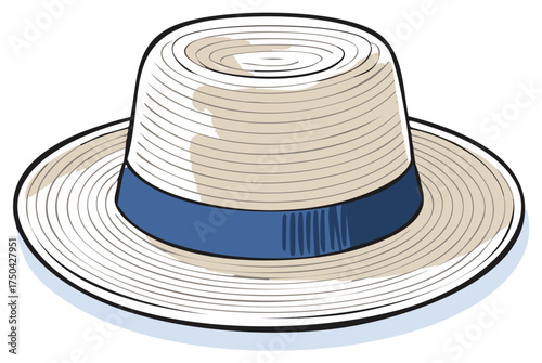 Classic Boater Straw Hat with Blue Ribbon Vector Illustration