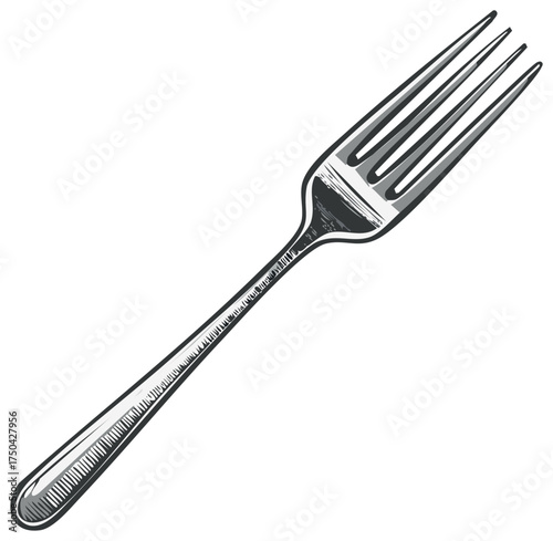 Elegant classic metal dining fork hand drawn engraving style illustration