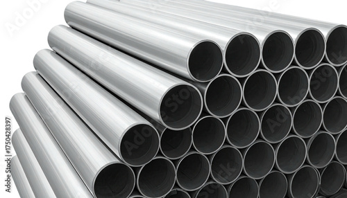 A stack of cylindrical, metallic tubes, neatly arranged, reflecting light