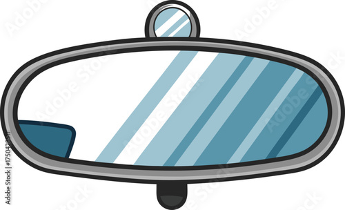 Cartoon illustration of a car s rearview mirror reflecting a blue sky