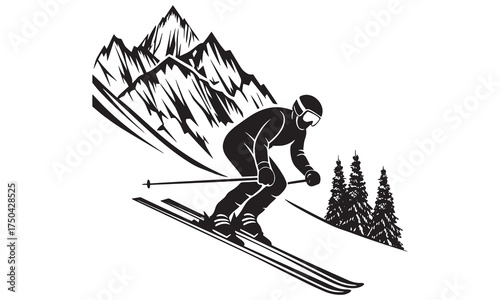 Bold black-and-white illustration of a skier racing down a mountain slope surrounded by pine trees — a dynamic winter sports design perfect for adventure brands, ski clubs, and outdoor artwork.