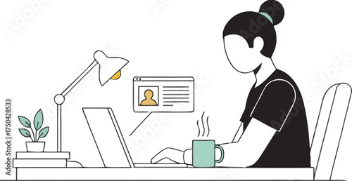 young woman working in a cafe or office with laptop on desk