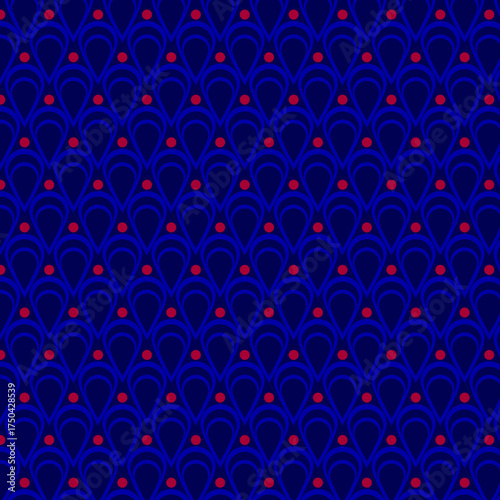 Seamless geometric pattern featuring repeating teardrop shapes in deep blue and red tones. The design combines elegance and modernity with a bold, futuristic look. Perfect for textile prints