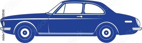 Retro blue car silhouette with white stripes and wheels