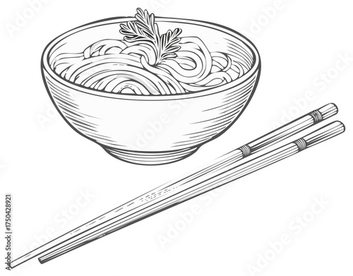 Classic Asian noodles in a rustic bowl with elegant chopsticks detailed line art drawing