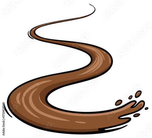 Dynamic cartoon splash of melted chocolate or coffee swirling in a stream