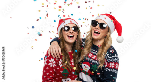 Two women in ugly christmas sweaters and santa hats isolated on transparent background