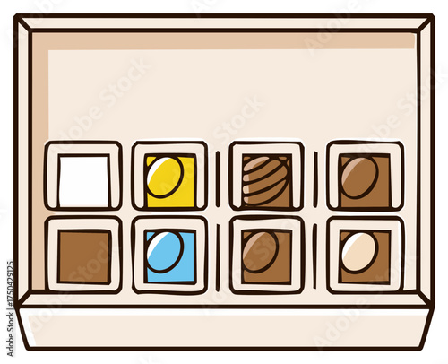 Box of chocolates illustration with different fillings. Assorted candies. Sweet treats. Design.