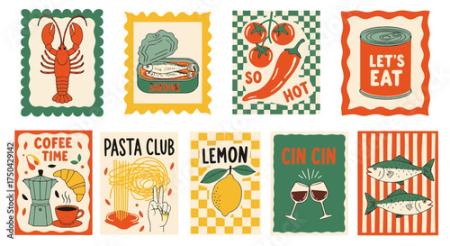 Enjoy the Flavors of Life with this Whimsical Food and Drink Collection Featuring Lobster, Sardines, Tomatoes, Coffee, Pasta, Lemon, Wine, and Fish for a Fun and Playful Retro Vibe