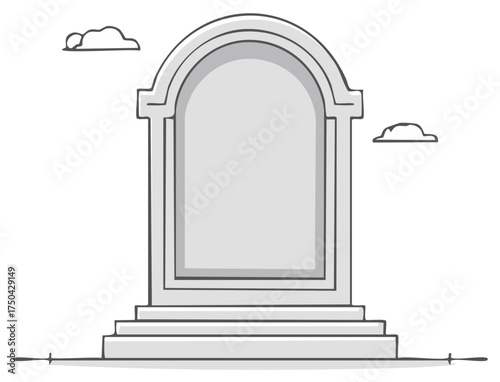 Hand drawn cartoon illustration of a blank gray headstone or tombstone on steps