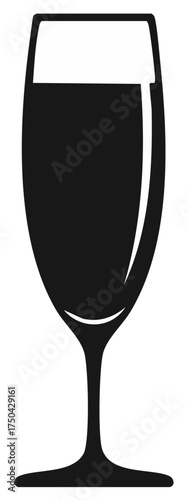 Black silhouette of a champagne flute filled with liquid against a white background