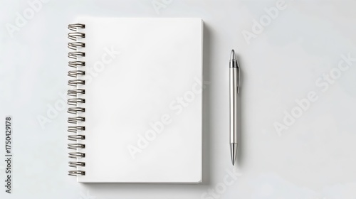 A clean spiral notebook and a silver pen on a white surface, perfect for jotting down ideas.