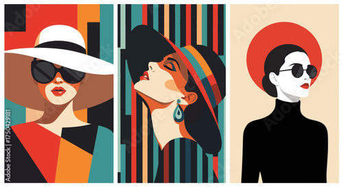 Elegant fashion illustrations showcasing retro style and glamour, perfect for adding a touch of vintage chic to your project, with confident women wearing stylish hats and sunglasses