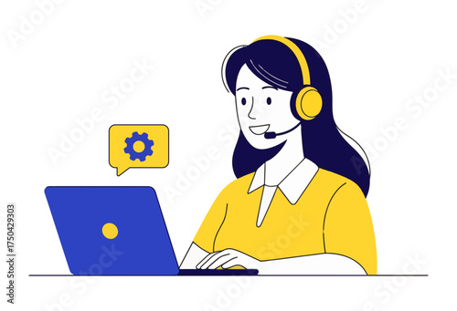 Friendly customer service professional with headset helping clients online, providing technical support with smile, perfect for tech companies and virtual assistant services