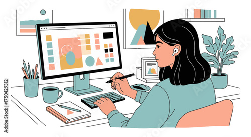 Creative woman designing on her computer in a modern workspace, crafting fresh ideas for her next big project while staying focused and productive, enjoying a peaceful morning