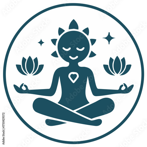 Stylized person meditating with lotus flowers and sun crown in a circle