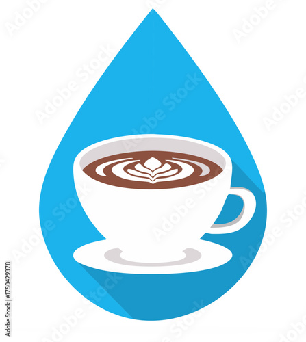 Flat design icon of a cappuccino with latte art in a white mug on a blue droplet background