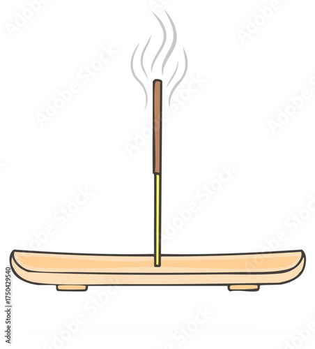 Smoldering Incense Stick on Wooden Holder Releasing Aromatic Smoke Wisps