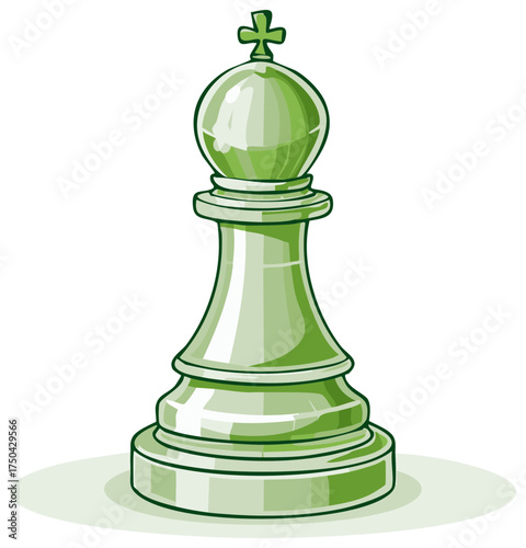 Green chess bishop piece featuring a cross icon at the top on white backdrop in vector format