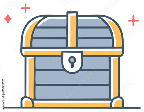 Illustrated treasure chest icon with lock and glimmering sparkles indicating riches, adventure or wealth acquisition concept