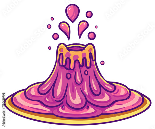 Cartoon pink volcano erupting bubbly pink liquid and droplets stylized artistic representation