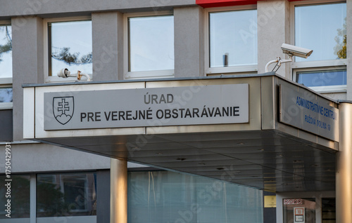 Bratislava, Slovakia - October, 8, 2025 :  The Office for Public Procurement (Urad pre Verejne Obstaravanie, UVO) in Bratislava, Slovakia.