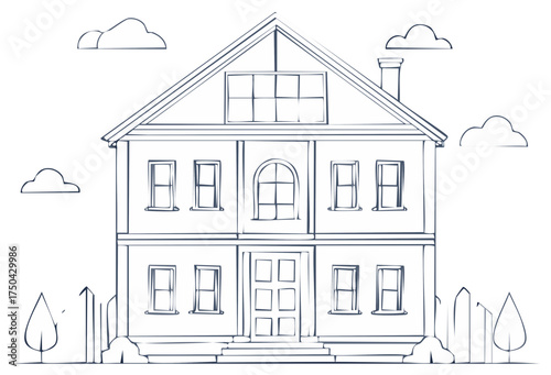 Outlined Two Story Home Exterior with Chimney and Trees Surrounding on Clean White Isolated
