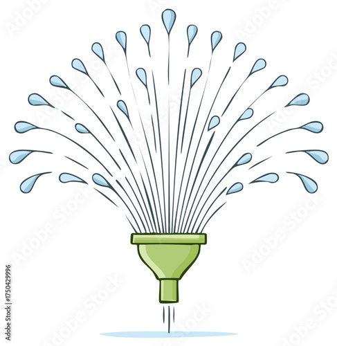 Cartoon green funnel spraying water droplets outwards in a fan shape