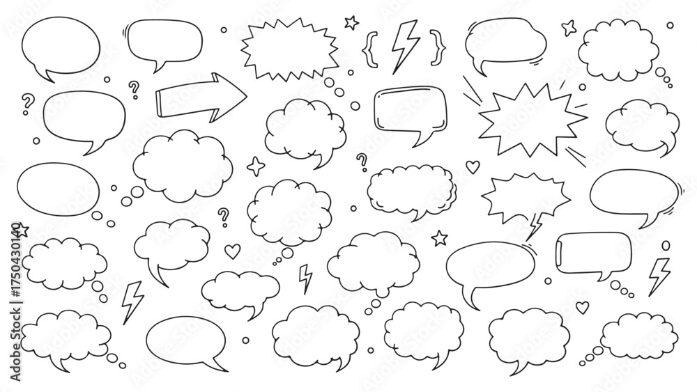 Obraz premium Line frame text speech bubble set. Line balloon frame design talk speech bubble frame. Comic japan style design conversation text dialog balloon, simple doodle thinking cloud. Vector illustration