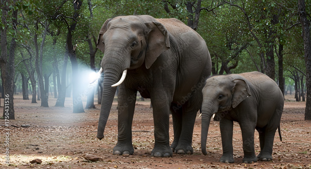 Fototapeta premium Elephant mother and calf in forest