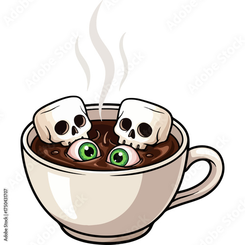 A cup of hot chocolate for Halloween. Decorated with skull-shaped marshmallows and eyeballs, this drink is fun and spooky. A creative vector illustration designed for a winter morning or party.