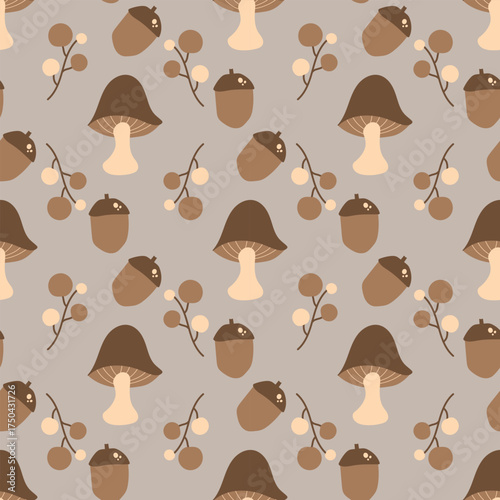 Pine cone, mushrooms, and leaves on a brown background. Autumn seamless pattern for clothing, fabric, wallpaper, backdrop, home decoration, and cover book.
