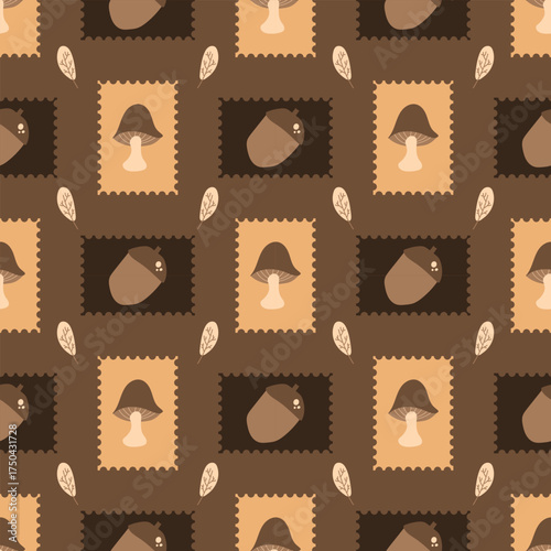 Pine cone, mushrooms, and leaves with decorative frames on a brown background. Autumn seamless pattern for clothing, fabric, wallpaper, backdrop, home decoration, and cover book.