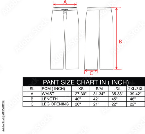 Pajama trouser pant flat sketch size chart for manufacturing 