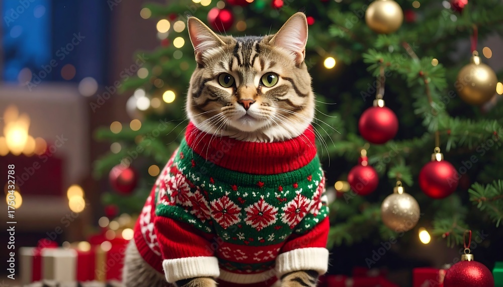 Obraz premium Festive Cat in Christmas Sweater with Sitting by Decorated Tree Gifts, and Holiday Season.