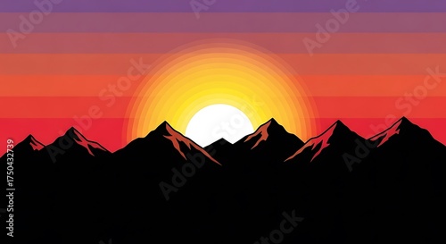 Sunset Over Mountain Peaks - A Minimalist Landscape Illustration.