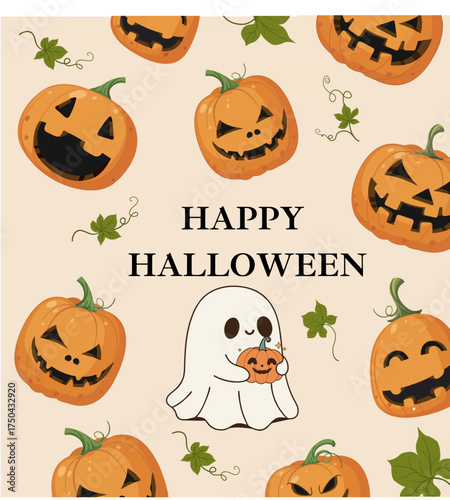 Cute Halloween Background with Pumpkins and Funny Ghost Illustration