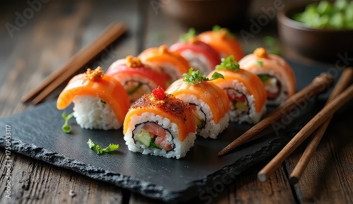 Deliciously crafted sushi rolls with vibrant salmon and fresh ingredients beautifully arranged on a dark slate plate, ready to be savored.
