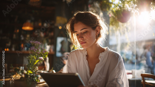 タブレットでデザイン作業をする女性 / Woman Designing on Tablet at Cafe