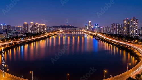 Stunning panoramic night view of the Seoul cityscape with the Han River and the iconic N Seoul Tower.