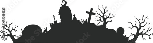 Halloween Graveyard Silhouette with Tombstones, Crosses, and Bare Trees — Spooky Cemetery Vector Illustration for Halloween Poster, Background, and Decoration Design