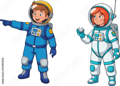 PrintCartoon astronauts, space kids, boy and girl explorers, colorful suits, teamwork, science mission, educational vector, space adventure, STEM learning, fun