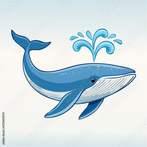 Cartoon Blue Whale Spouting Water Isolated on White.