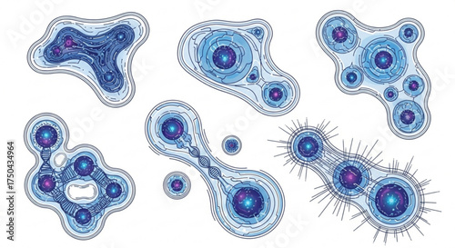 Cell biology illustration showing cellular structures and cell division process detailed vector drawing