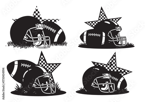 American football helmet and ball on grass with a black and white checkered star background